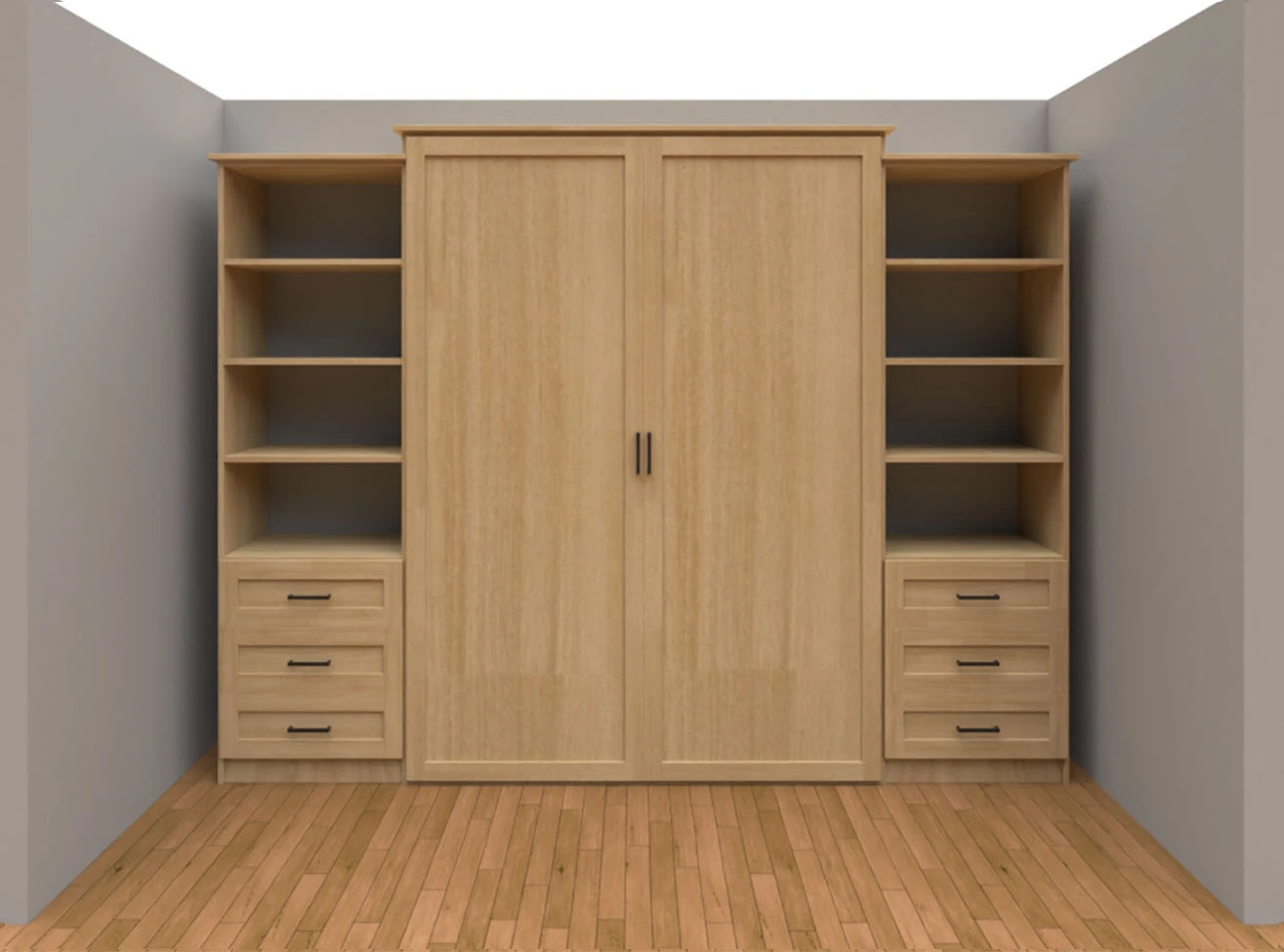 Murphy Bed: Brown Wood Cielo-Style Pull-down bed With Optional Shelves and Drawers. Shown Closed.