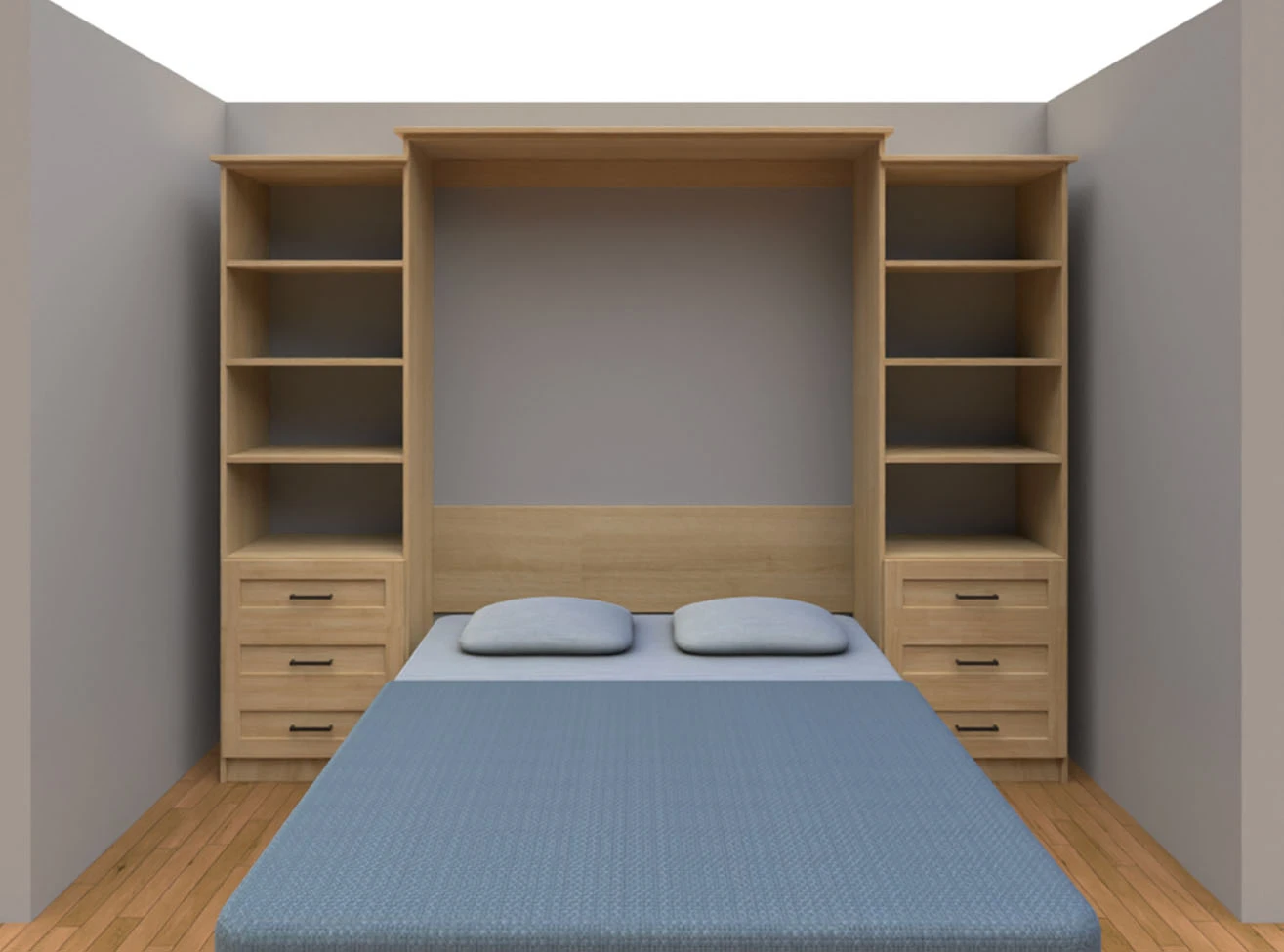 Murphy Bed: Brown Wood Cielo-Style Pull-down bed With Optional Shelves and Drawers. Shown Opened.