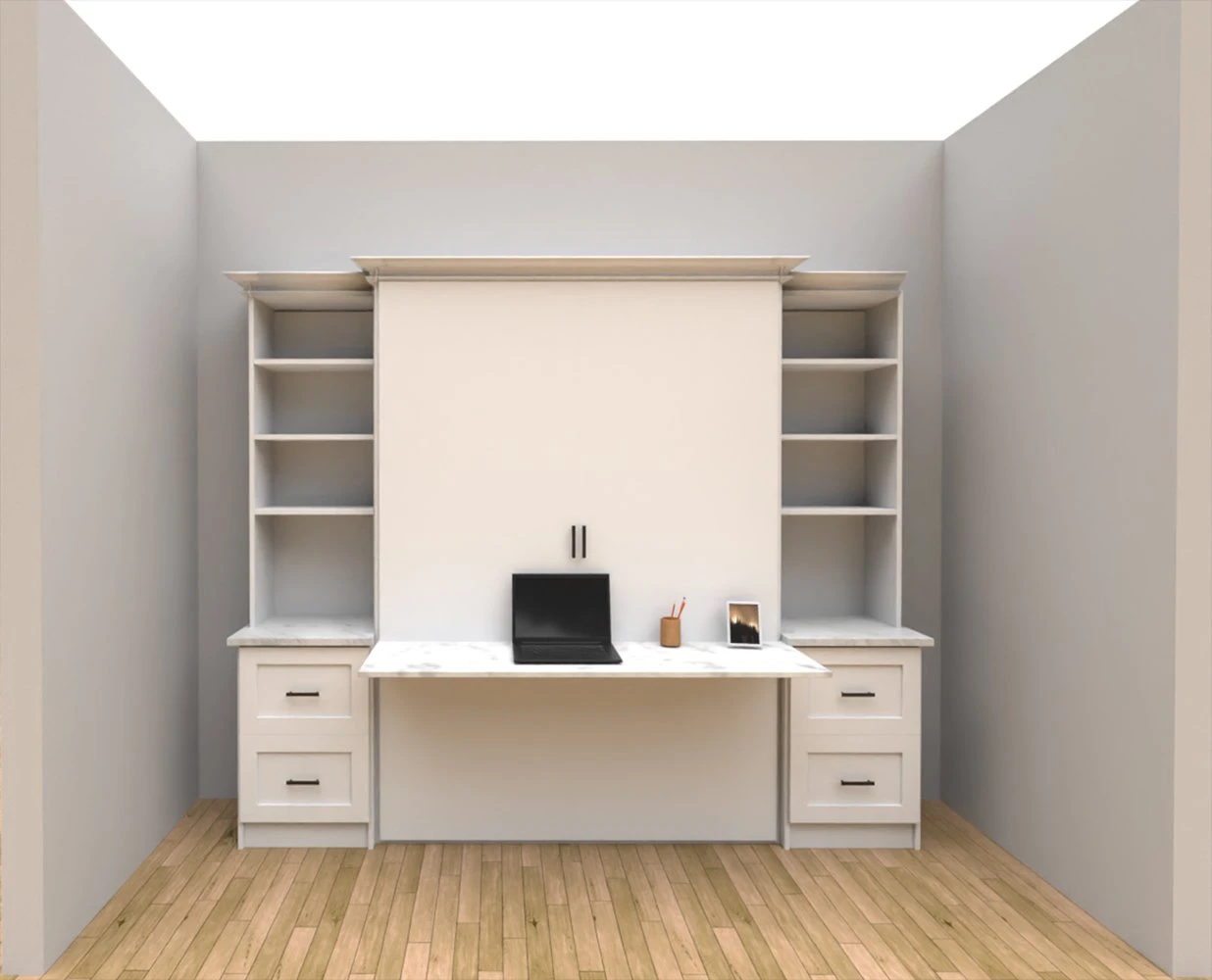 Murphy Bed: White Stella-Style With Optional Desk, Shelves, and Drawers. Shown Closed.