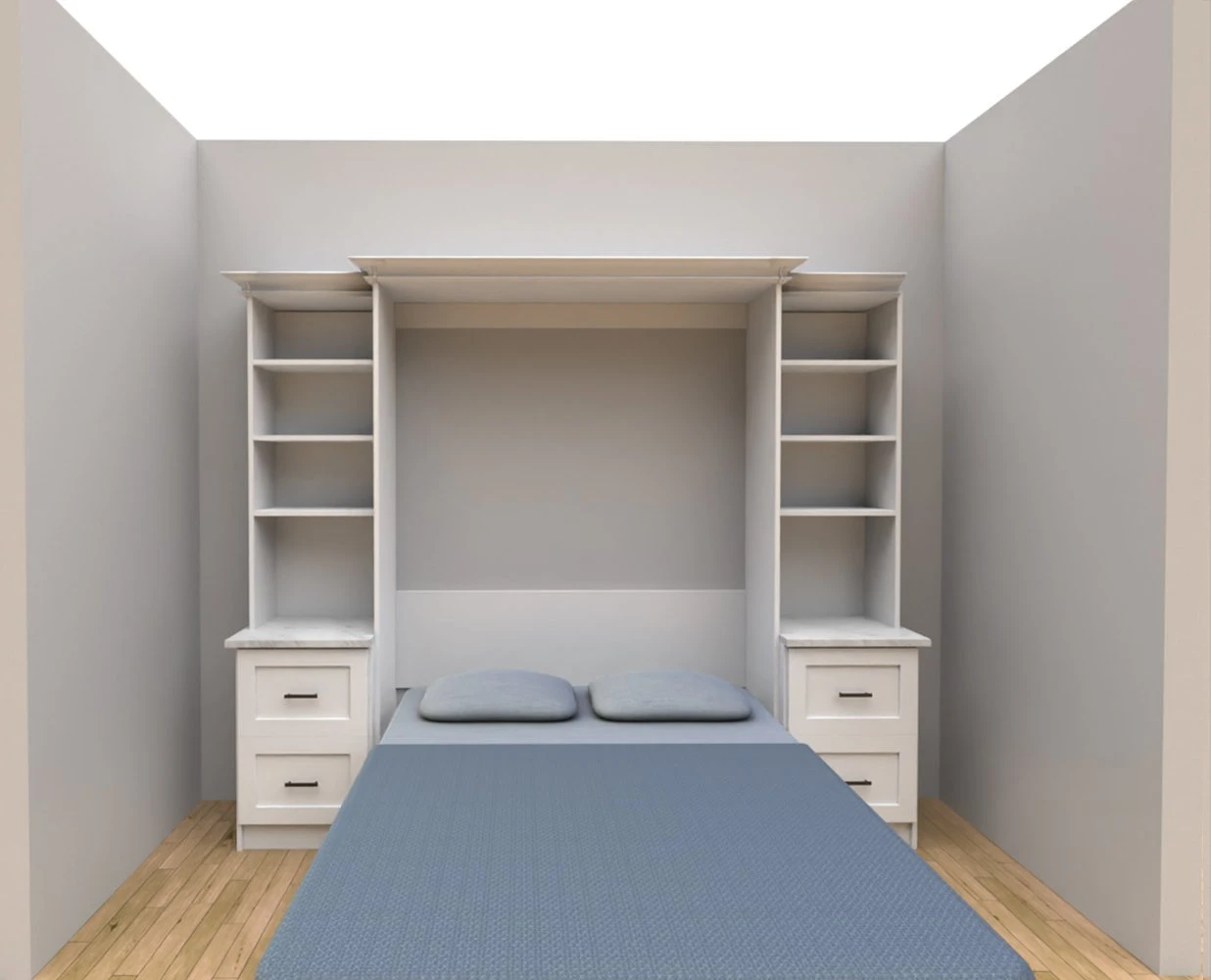 Murphy Bed: White Stella-Style With Optional Desk, Shelves, and Drawers. Shown Opened.